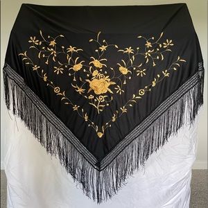 Flamenco Black Embroidered Fringe Shawl Scarf